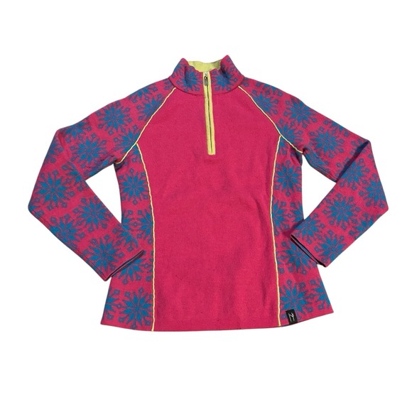 Neve Ali 1/4 Zip Sweater Merino Wool Blend Womens‎ Medium Snowflake Print Pink - Picture 1 of 12